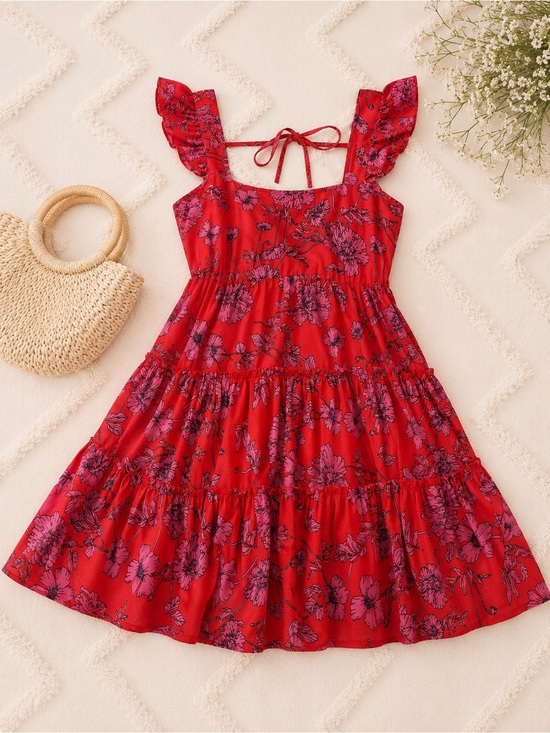 Dresses & Skirts - Red Floral Tie-Back Ruffle Sleeve Dress